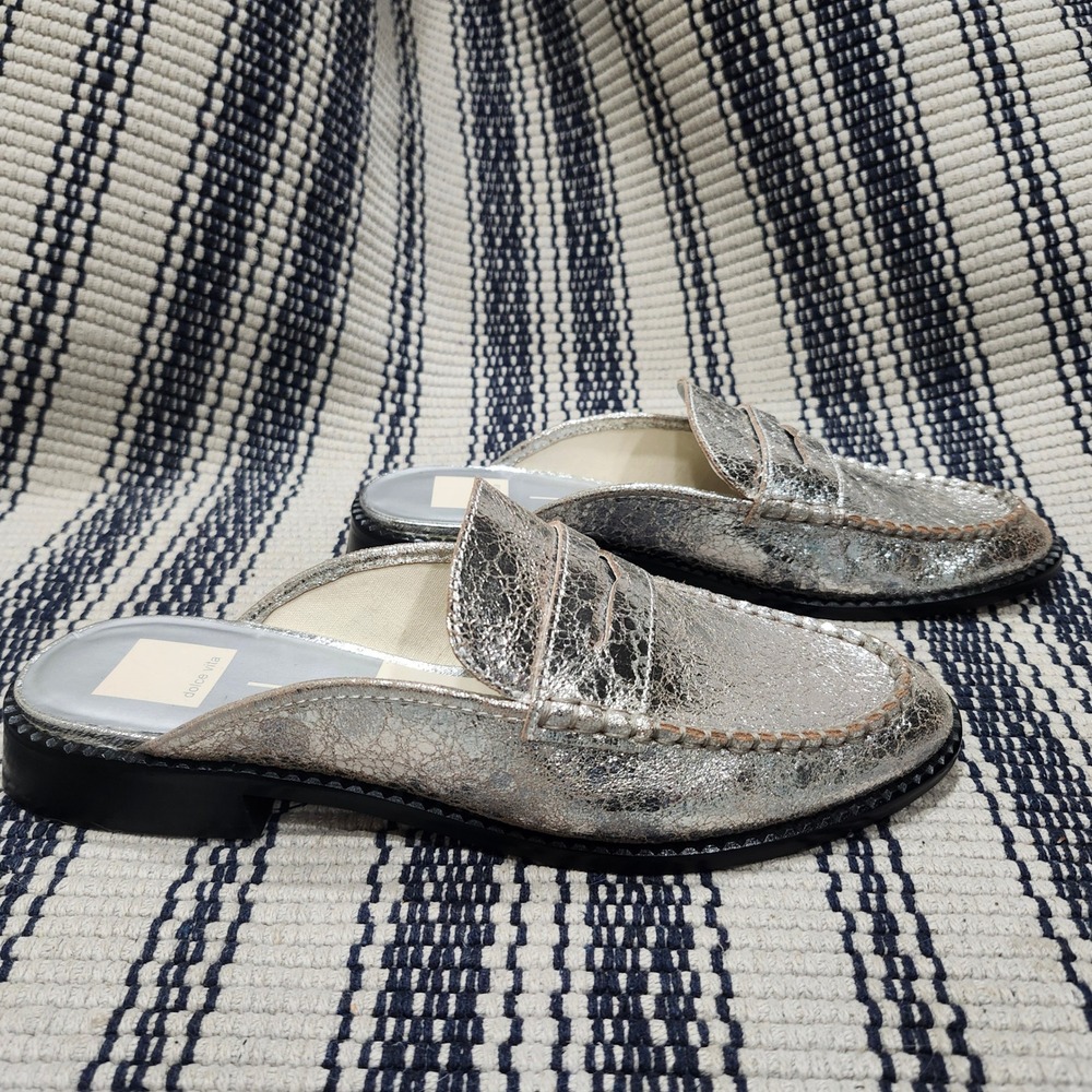 Dolce Vita Silver Metallic Crackle Leather Penny Loafer Mules Womens 9 Slip On - Picture 4 of 11